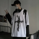 Riolio Vintage Cross Printing T-shirt Men Hip-pop Youth Long Sleeve Tshirt Dark Academia Outwear Tees New Fashion Harajuku Fake 2-piece