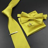 Riolio  New Men's Tie Bowtie Set Luxury Business Worker Blue Black Solid Color Silk Polyester Jacquard Woven Necktie Suit Wedding Party