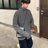 Riolio Spring Autumn Turtleneck Striped T-shirts Men Slim Fit Casual All-match Undershirts Long Sleeve Tops Couples Korean Fashion Tees