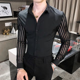 Riolio New Men Lace Perspective Shirt Party Prom Hollow Lace Patchwork Long Sleeve Tuxedo Shirt Nightclub Casual Social Shirt