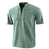 Riolio  T Shirt Men Stand Collar Front Lace Up Short Sleeve V Neck Slim T Shirt Streetwear for Daily Wear Solid Retro Casual Tops Tees