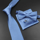Riolio  New Men's Tie Bowtie Set Luxury Business Worker Blue Black Solid Color Silk Polyester Jacquard Woven Necktie Suit Wedding Party