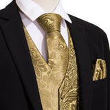 Riolio 4PC Mens Extra Silk Vest Party Wedding Gold Paisley Solid Floral Waistcoat Vest Pocket Square Tie Suit Set