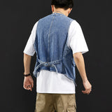 Riolio Spring Summer New Men Denim Vest Jacket Fashion Loose Personality Back Strap Casual Blue Male Sleeveless Jean Coat