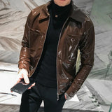 Riolio Shiny Leather Jacket Men's Stage Costume Red Black Brown Nightclub Club Men's Leather Jacket Solid Color Slim Men's Jacket Coats