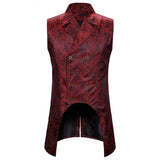 Riolio Wine Red Paisley Jacquard Long Vest Men Double Breasted Lapel Brocade Vest Waistcoat Mens Gothic Steampunk Sleeveless Tailcoat