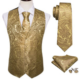 Riolio 4PC Mens Extra Silk Vest Party Wedding Gold Paisley Solid Floral Waistcoat Vest Pocket Square Tie Suit Set