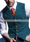 Riolio Mens Suit Vest Notched Plaid Wool Herringbone Tweed Waistcoat Casual Formal Business Groomman For Wedding Green/Black/Green/Grey