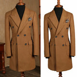 Riolio  Men Wool Overcoat Double-breasted 6 Button Peak Lapel Suit Long Outwear Jacket Fashion Brown Long Coat