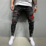 Riolio New Men's Skinny Ripped Jeans Fashion Grid Beggar Patches Slim Fit Stretch Casual Denim Pencil Pants Painting Jogging Trousers