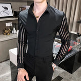 Riolio New Men Lace Perspective Shirt Party Prom Hollow Lace Patchwork Long Sleeve Tuxedo Shirt Nightclub Casual Social Shirt