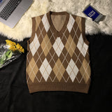 old money outfits men Autumn and Winter College Style Rhombus Vest Sweater Men's Retro Lazy Style Loose Couple Knitted Vest Ins Fashion