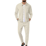 Spring Autumn Men's Waffle Solid Color Long Sleeve Shirt Trousers Suit