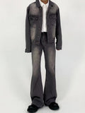 y2k outfits American-Style Black and Gray Retro Washed Half Elastic Waist Jeans Men's Loose Casual Micro Flared Trousers Fashion