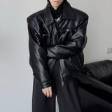 winter outfits men Profile Shoulder Pad Short Black Top Coat Spring and Autumn Men's and Women's Casual Lapel Thin Motorcycle Leather Coat