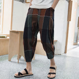 men fashion Summer Men's plus Size Loose Plaid Pants Cotton and Linen Cropped Pants Bloomers Straight Casual Pants Men