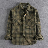 men’s fashion American Style Retro Spring and Autumn Men's Classic Plaid Long-Sleeved Shirt Washed Corduroy Comfortable Artistic Fashion