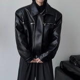 winter outfits men Profile Shoulder Pad Short Black Top Coat Spring and Autumn Men's and Women's Casual Lapel Thin Motorcycle Leather Coat