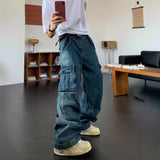 boy outfits 2024 New Fashion Loose Multi-Pocket Washed Casual Distressed Jeans Ins Wide Leg Mopping Pants for Men