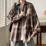 mens fall outfits Plaid Shirt Men's New Four Seasons Loose Retro Brushed Long Sleeve Shirt Korean Casual plus Size Coat