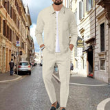 Spring Autumn Men's Waffle Solid Color Long Sleeve Shirt Trousers Suit