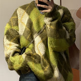 non binary outfits Pineapple Green Contrast Color Diamond Plaid Sweater Men's Korean-Style Loose Pullover round Neck Lazy Style Thick Sweater Fashion