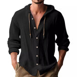 Riolio Spring and Summer Men's Hooded T-shirt Solid Color Cotton Linen Men's Casual Long-Sleeved Top