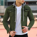 Men's Jacket Denim Coat Solid Color Casual Jacket Button Cardigan Hooded Tooling Multi-Bag Coat