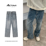 men’s style American Retro Washed Distressed Jeans Men's New Fashion Brand Design Loose Straight Wide Leg Casual Mopping Pants