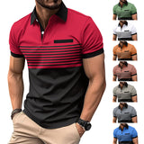 Riolio Men's Casual Polo Shirt Chest Fake Pocket Button Print Color Matching Striped T-shirt Men