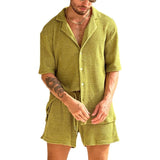 frat boy outfit Summer New Casual Suit Slim Lapel Short Sleeve Button Shirt Top Drawstring Shorts Men's Summer Wear