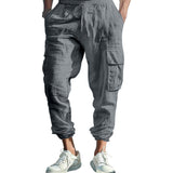 Autumn Cotton and Linen Men's Casual Trousers Ankle-Tied Multi-Pocket Lace Solid Color Loose Overalls Men