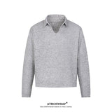 American Retro Old Money Style Wheat Ear V-neck Long-Sleeved T-shirt Men's Autumn and Winter Lazy Gray Knitted Lapel Polo Shirt