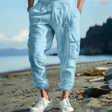 Autumn Cotton and Linen Men's Casual Trousers Ankle-Tied Multi-Pocket Lace Solid Color Loose Overalls Men