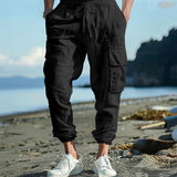 Autumn Cotton and Linen Men's Casual Trousers Ankle-Tied Multi-Pocket Lace Solid Color Loose Overalls Men