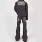 y2k outfits American-Style Black and Gray Retro Washed Half Elastic Waist Jeans Men's Loose Casual Micro Flared Trousers Fashion