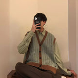 guys clothing styles Autumn and Winter Loose American Fashion All-Matching Brown Vintage Knitted Cardigan Vest Sweater Vest Men's Japanese Style