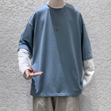 Riolio Oversized T-shirt Fake Two-piece Long-sleeved T-shirt Men's Korean Fashion Letter Contrast Loose Casual Top Hip-hop Men T-shirt
