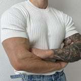 semi formal men outfit Summer Trendy Solid Color Printed Quick-Drying Breathable Thin Thread Ice Silk Knitted Half Sleeve Top Fitness Tight Men