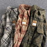 men’s fashion American Style Retro Spring and Autumn Men's Classic Plaid Long-Sleeved Shirt Washed Corduroy Comfortable Artistic Fashion