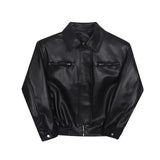 winter outfits men Profile Shoulder Pad Short Black Top Coat Spring and Autumn Men's and Women's Casual Lapel Thin Motorcycle Leather Coat