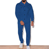 Plus Size Fashion Suit Trendy Men's Autumn Button Suede Casual Jacket Pants 2-Piece Set