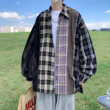 masc outfits American High Street Retro Plaid Stitching Long-Sleeved Shirt Men's Spring and Autumn New Street Loose Casual Shirt