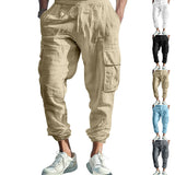 Riolio Autumn Cotton and Linen Men's Casual Trousers Ankle-Tied Multi-Pocket Lace Solid Color Loose Overalls Men