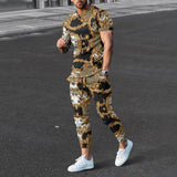 2000s fashion New Men's Short-Sleeved Trousers Suit 3D Digital Personality Ethnic Style Printed Fashion Casual Tights