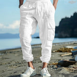 Autumn Cotton and Linen Men's Casual Trousers Ankle-Tied Multi-Pocket Lace Solid Color Loose Overalls Men