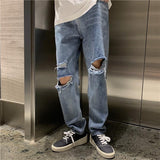 Riolio outfit Ripped Jeans Men's Trendy Loose Straight Pants Scraping Cropped Online Popular Korean Style Versatile Student Summer Pants