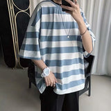 skater boy outfits Hong Kong Style 2024 Summer Ins Short-Sleeved T-shirt Men's Korean-Style Loose Harajuku BF Trendy Handsome Striped Half-Sleeve Top