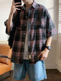 black men streetwear Same Plaid Shirt Men's Long Sleeve Spring and Autumn Loose Retro Trendy Lazy Style Korean Style Ruan Handsome Inner Short Sleeve Shirt