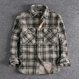 men’s fashion American Style Retro Spring and Autumn Men's Classic Plaid Long-Sleeved Shirt Washed Corduroy Comfortable Artistic Fashion